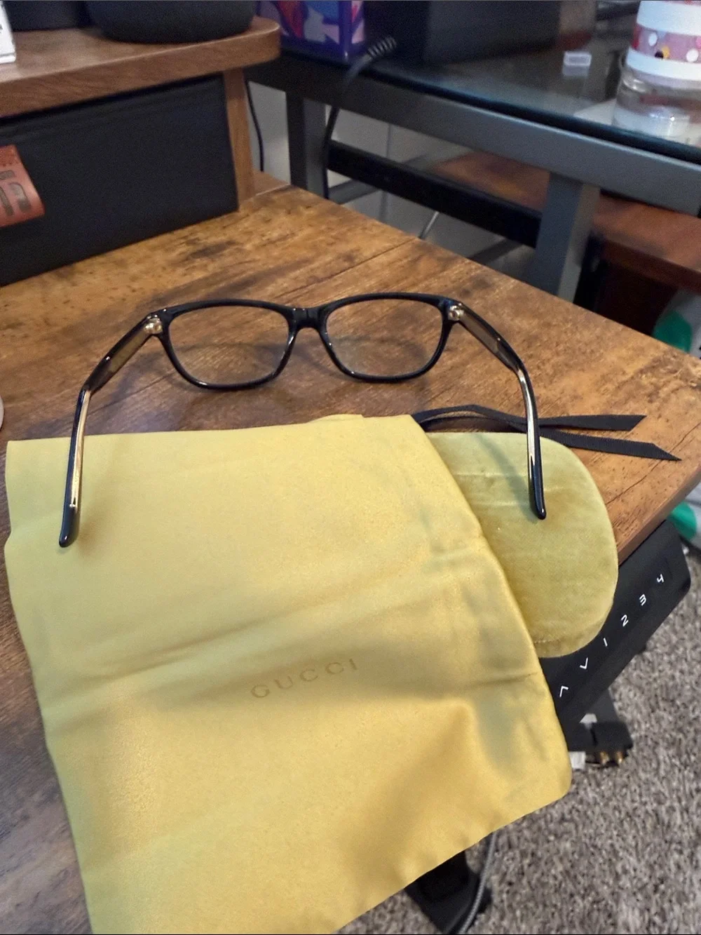 Gucci Black Frame Men's Rectangular Glasses with Gold Temples